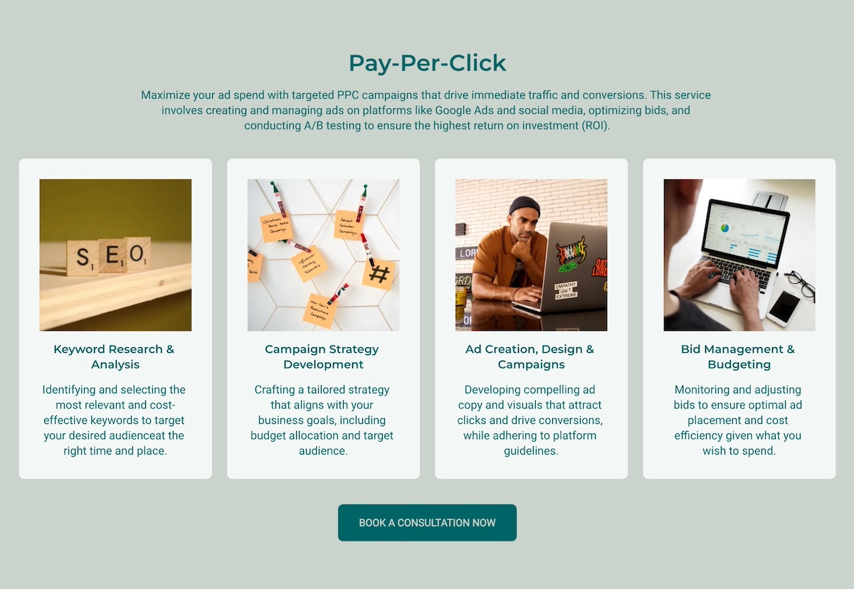 Service page example with text laid out for scannability
