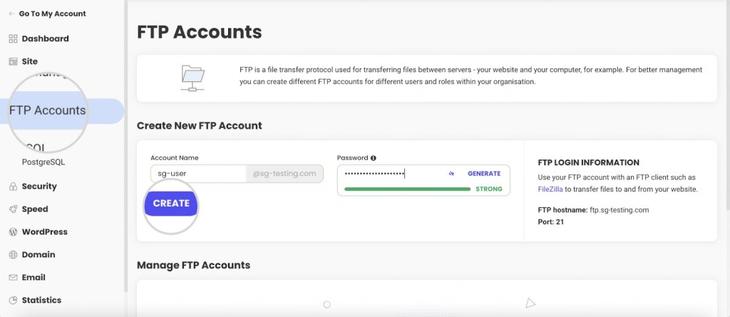 A screenshot of an FTP Accounts management interface with options to create a new FTP account, including fields for account name, password, and FTP login information, along with a "CREATE" button.