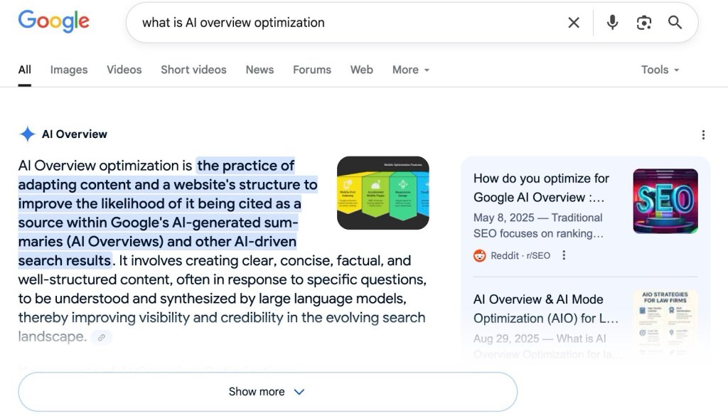 Screenshot of a Google search results page for "what is AI overview optimization," highlighting the AI Overview section with a definition, an infographic on mobile optimization features, and related search suggestions from Reddit and other sources.
