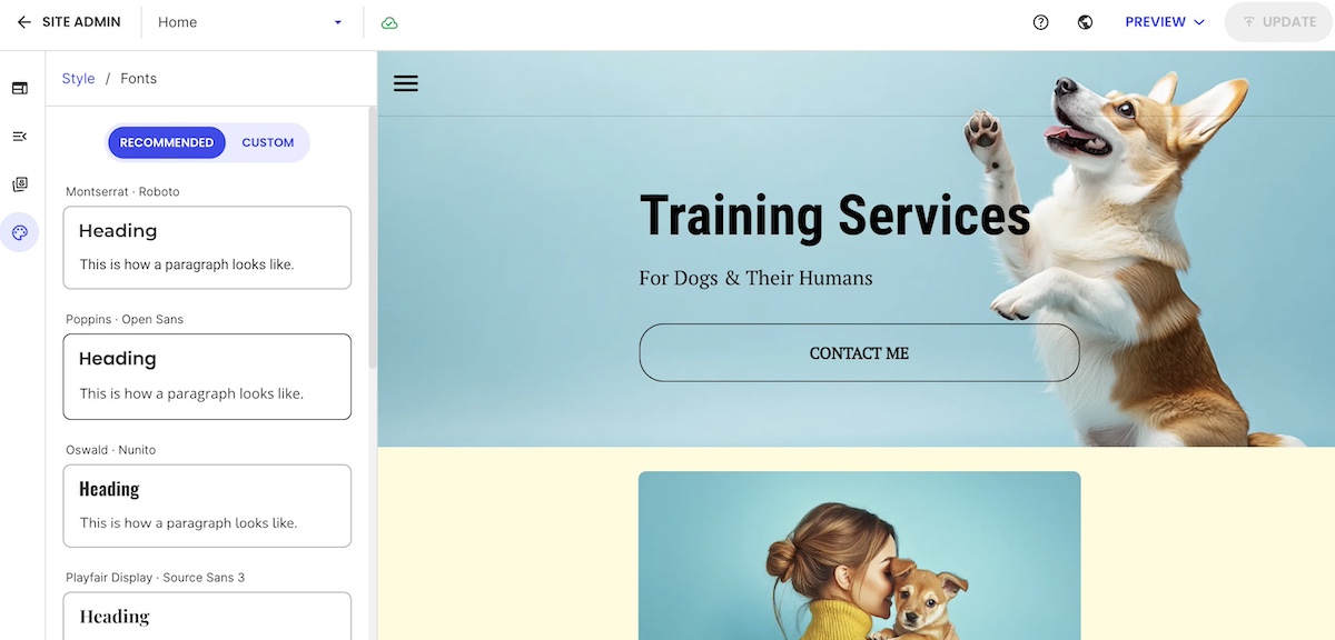 Example of a website builder where you can choose the right fonts for your brand