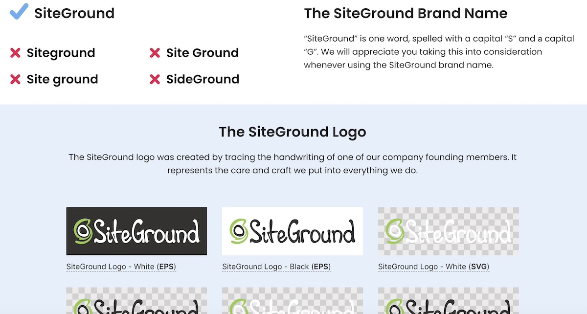 Example of SiteGround brand guidelines including logo dos and don'ts
