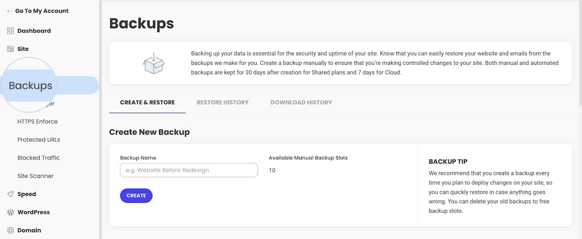 Example of creating a back up of your website