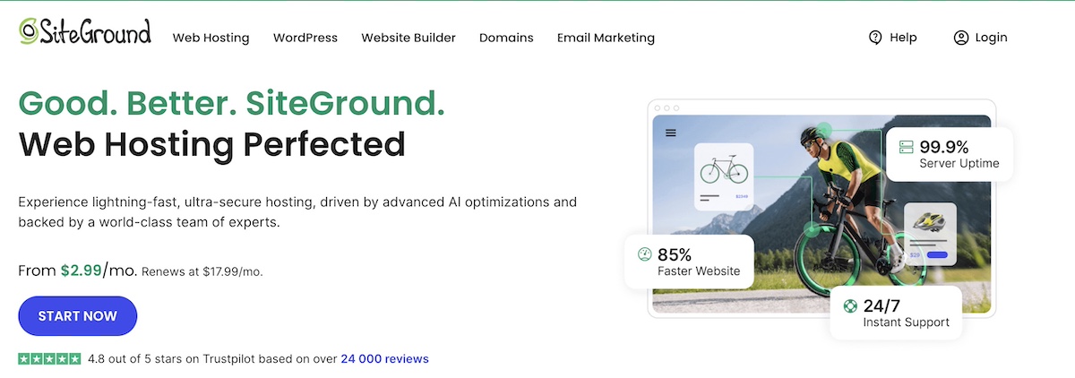 SiteGround homepage with pillar offerings in the main menu