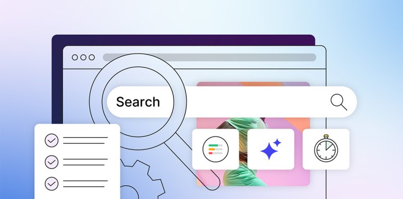 Illustration featuring a search bar with a magnifying glass, a checklist, and icons representing AI tools like brainstorming, time management, and data analysis, set against a colorful background.