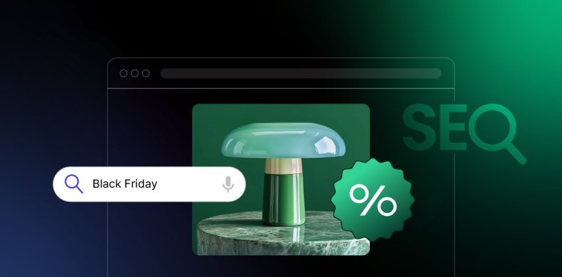 A promotional image featuring a stylish green lamp on a marble base, with a search bar displaying "Black Friday" and a percentage discount badge, set against a gradient background with "SEO" text.