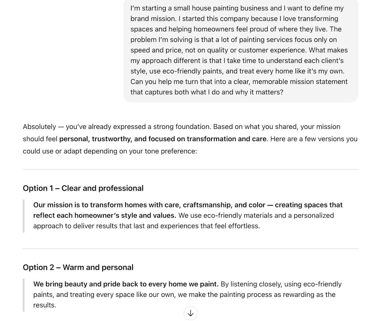 chatgpt prompt asking chatgpt to help develop a brand's mission