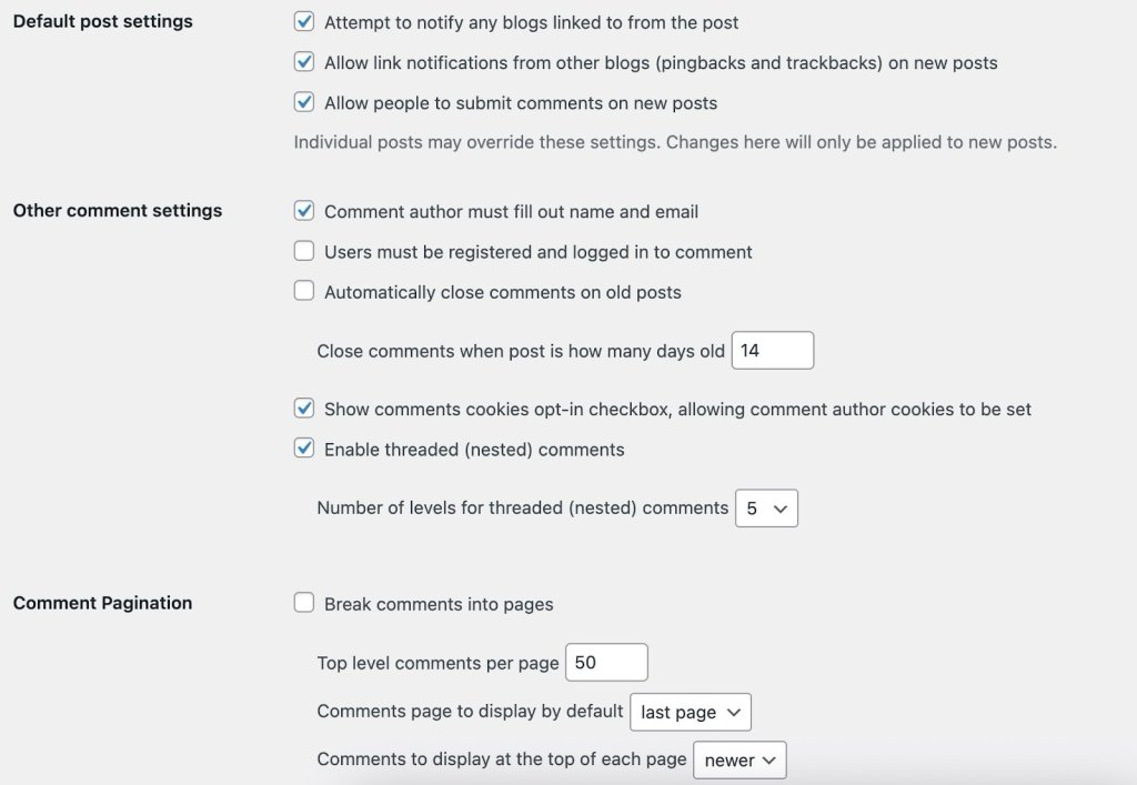WordPress settings page for comment options including default post settings, other comment settings like requiring name and email, enabling threaded comments, and comment pagination settings.