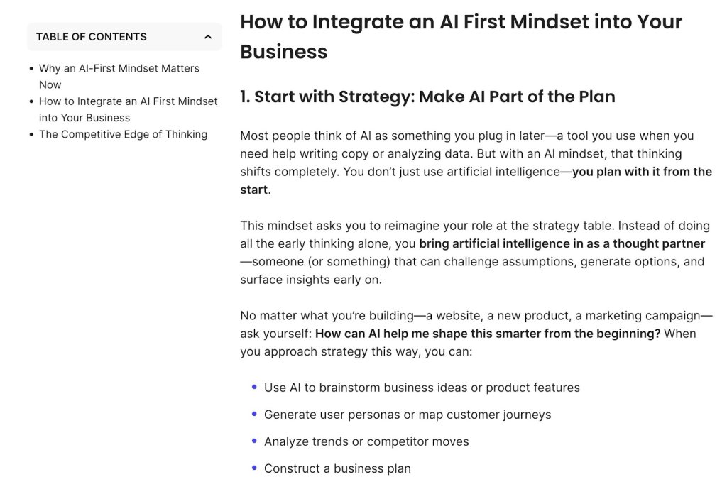 Article section titled "How to Integrate an AI First Mindset into Your Business" with a subsection "1. Start with Strategy: Make AI Part of the Plan" discussing the use of AI in business strategy.
