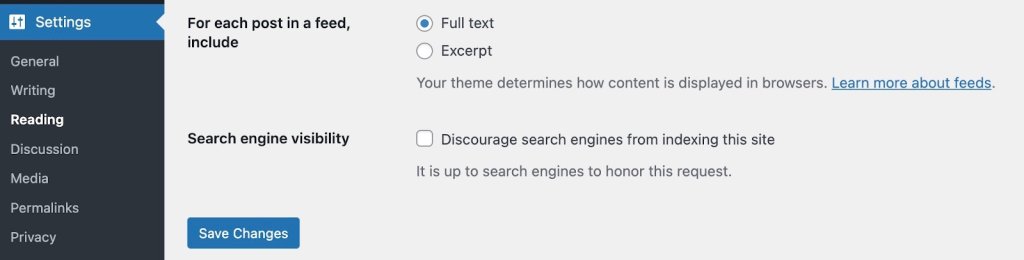 WordPress settings page for Reading with options to include full text or excerpt for feeds, and a checkbox to discourage search engines from indexing the site, along with a Save Changes button.