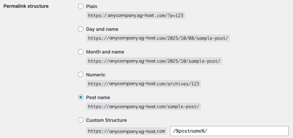 WordPress permalink structure settings with options including Plain, Day and name, Month and name, Numeric, Post name, and Custom Structure, with the Post name option selected.