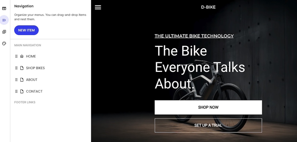 Backend admin of a website main navigation including home shop about and contact pages