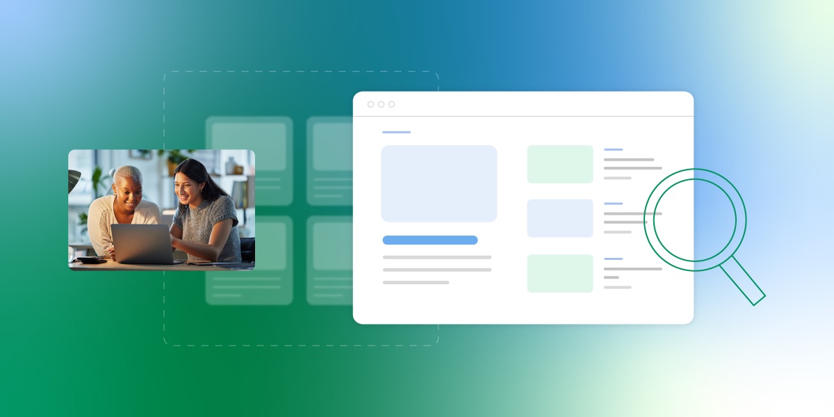 Two women collaborating at a laptop with a browser window displaying website content blocks and a magnifying glass icon in the foreground