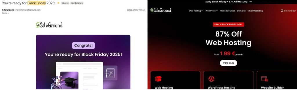 Split screen showing Black Friday email announcement and corresponding landing page, both advertising 87% off web hosting starting at €1.99 per month with early-bird deal messaging