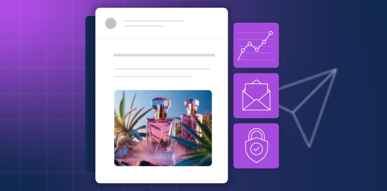 Email newsletter template displaying perfume bottle product photography against tropical background, alongside purple icons for analytics, email campaigns, and security features