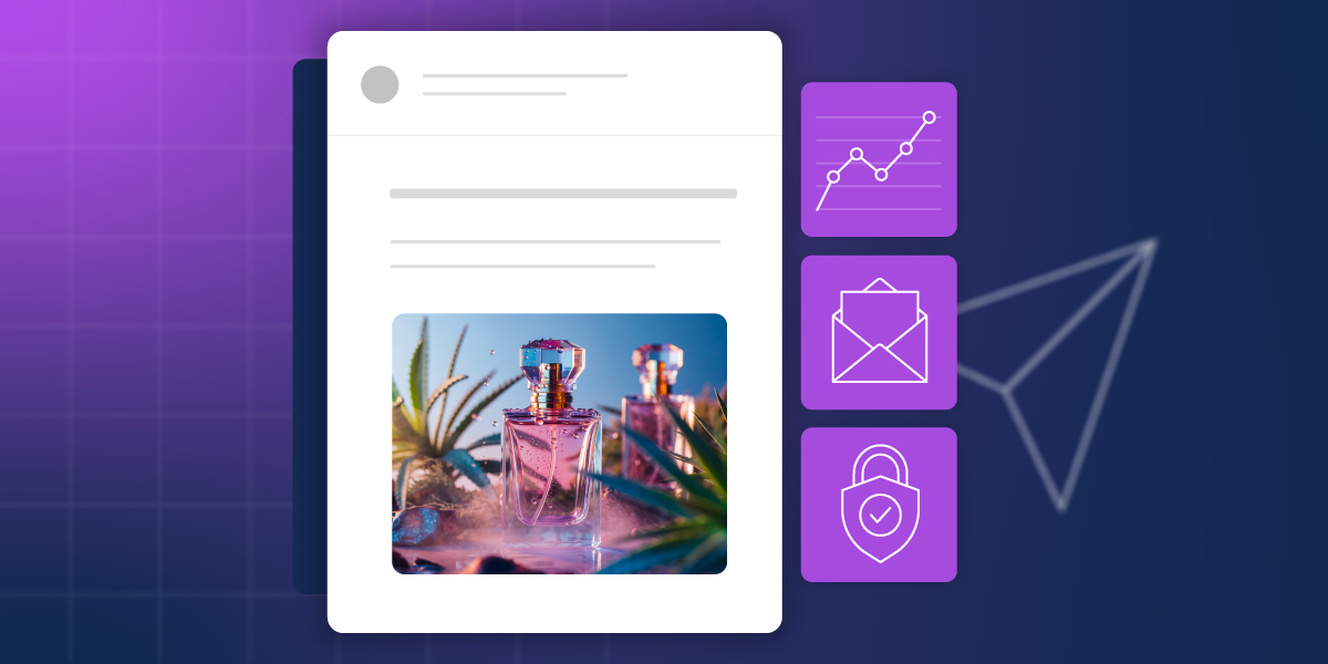 Email newsletter template displaying perfume bottle product photography against tropical background, alongside purple icons for analytics, email campaigns, and security features