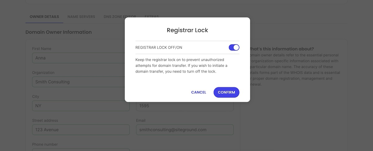 Example of a domain lock or registrar lock