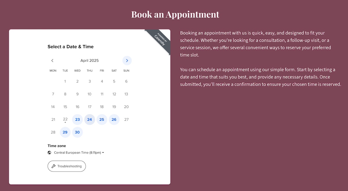 Example of an appointment booking feature in a website builder