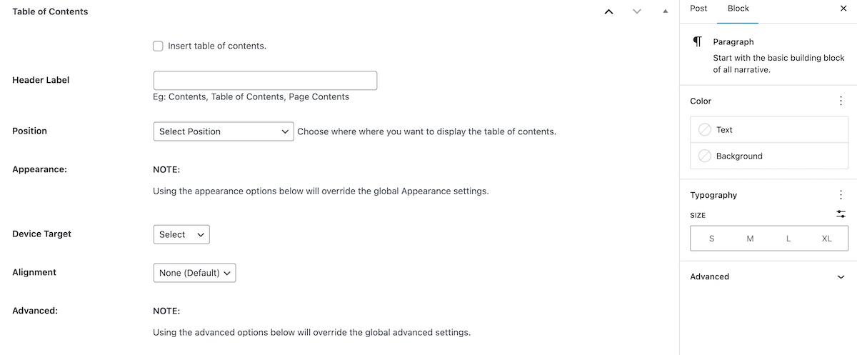 Example of customization options in WordPress