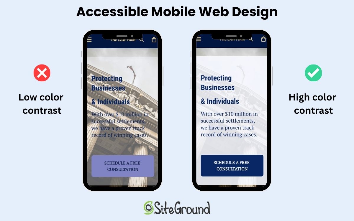 Example of low contrast coloring on mobile web design vs a mobile website with good color contrast