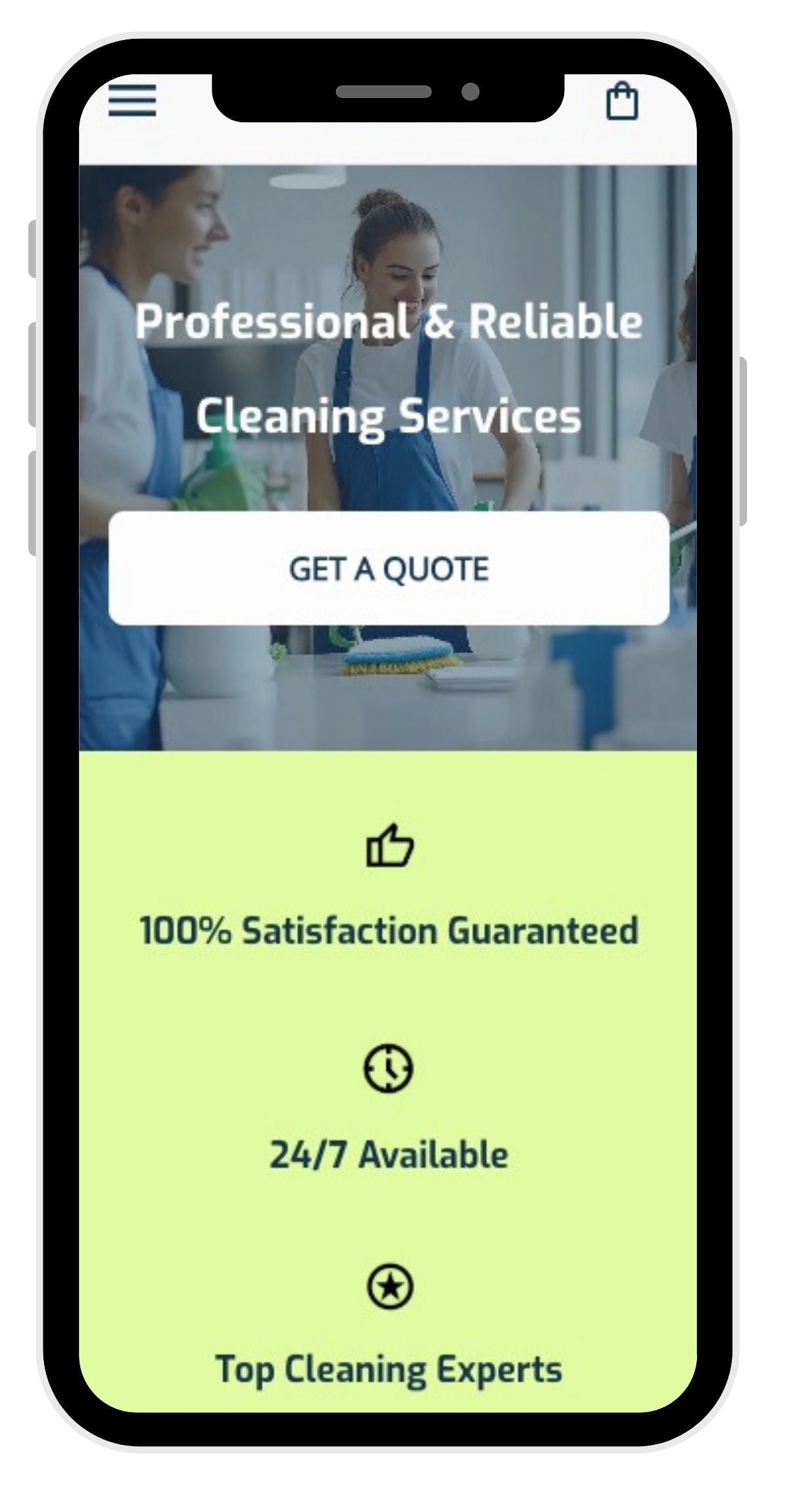 Example of mobile web design that uses familar icons, hamburger menu, and a clear CTA button
