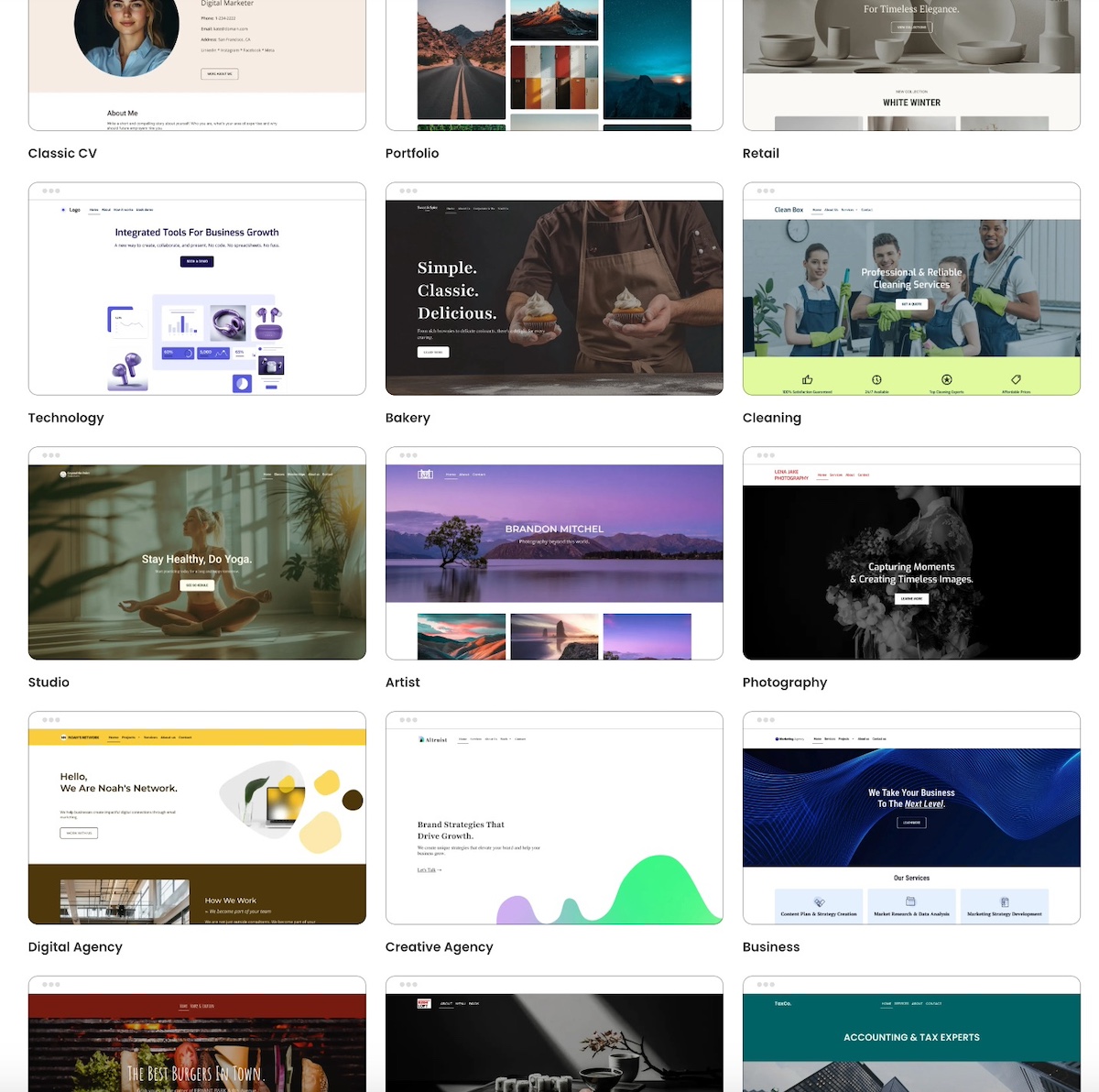Example of template options from the SiteGround website builder