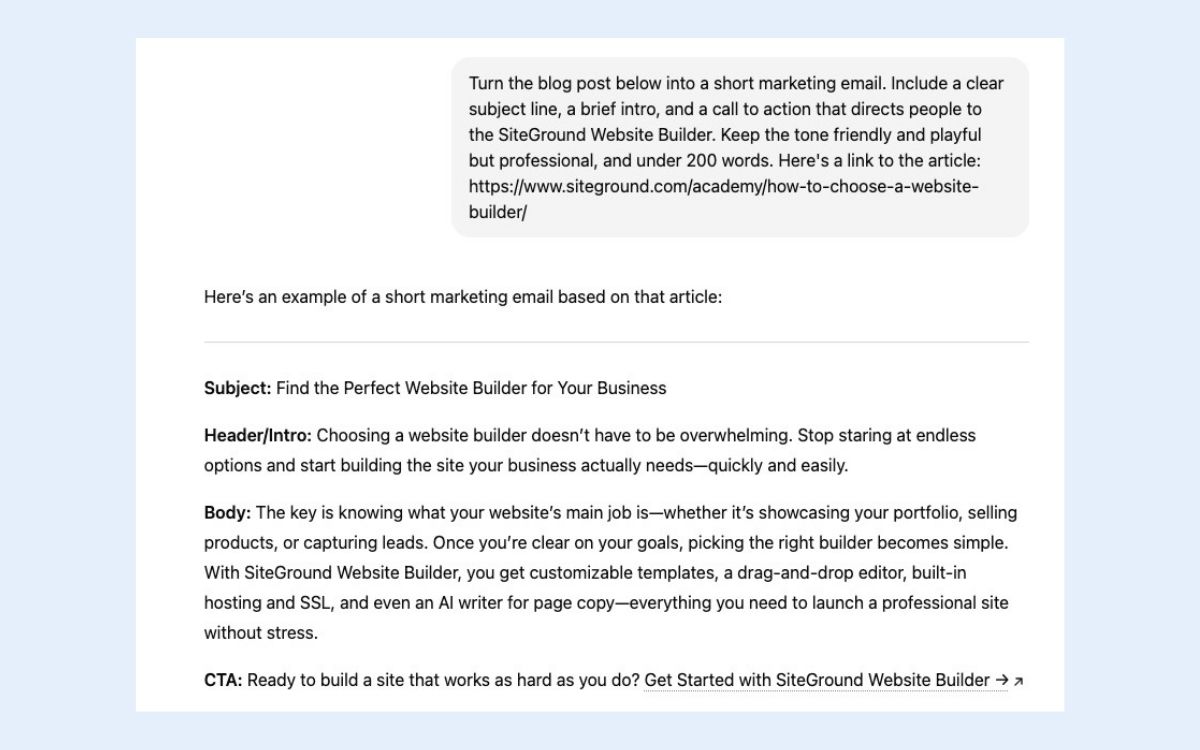 Example of using AI to repurpose content for different channels - article to email