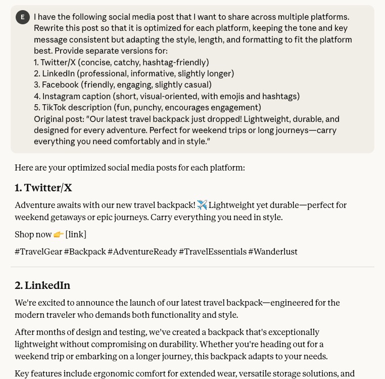 Example of using AI to create captions for different social media channels