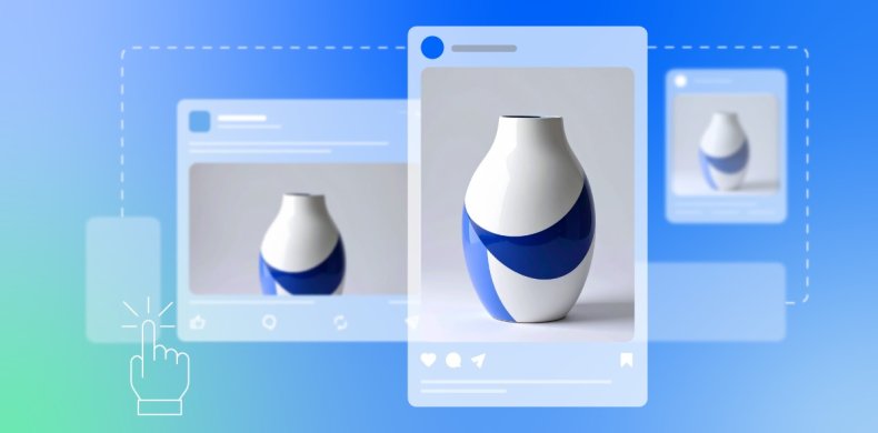 Illustration demonstrating integrated marketing through shoppable social media functionality with blue and white ceramic vase displayed across multiple device screens, showing how users can click products to purchase