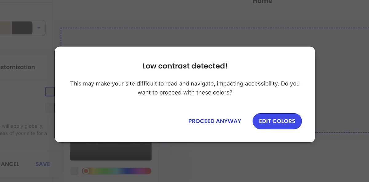 Low contrast warning about color in siteground website builder
