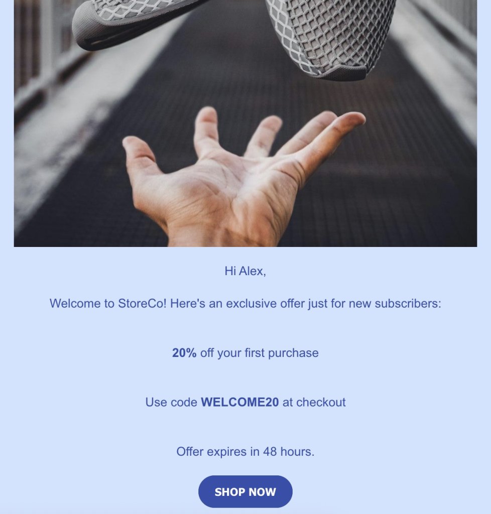 Email marketing example showing personalized welcome message to new subscriber Alex with 20% discount code WELCOME20 and call-to-action button