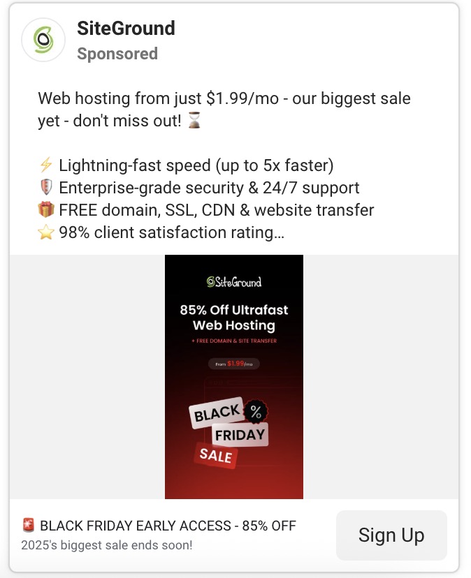 SiteGround Facebook ad showing direct marketing with time-sensitive Black Friday offer, specific discount, and trackable Sign Up button