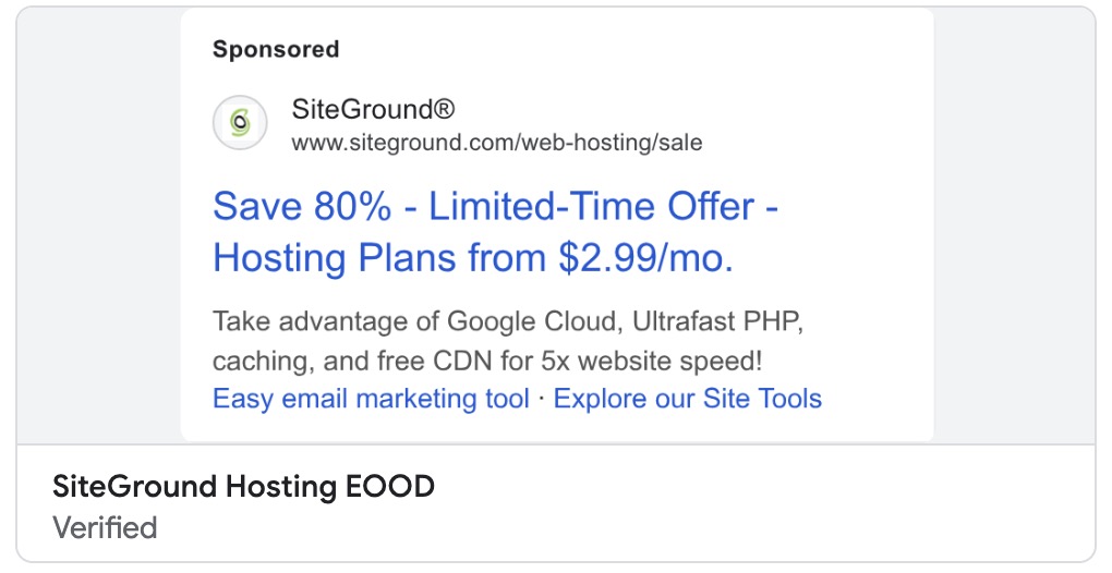 Direct marketing example showing SiteGround sponsored Google search ad with time-sensitive offer, specific pricing, and trackable URL targeting users searching for web hosting