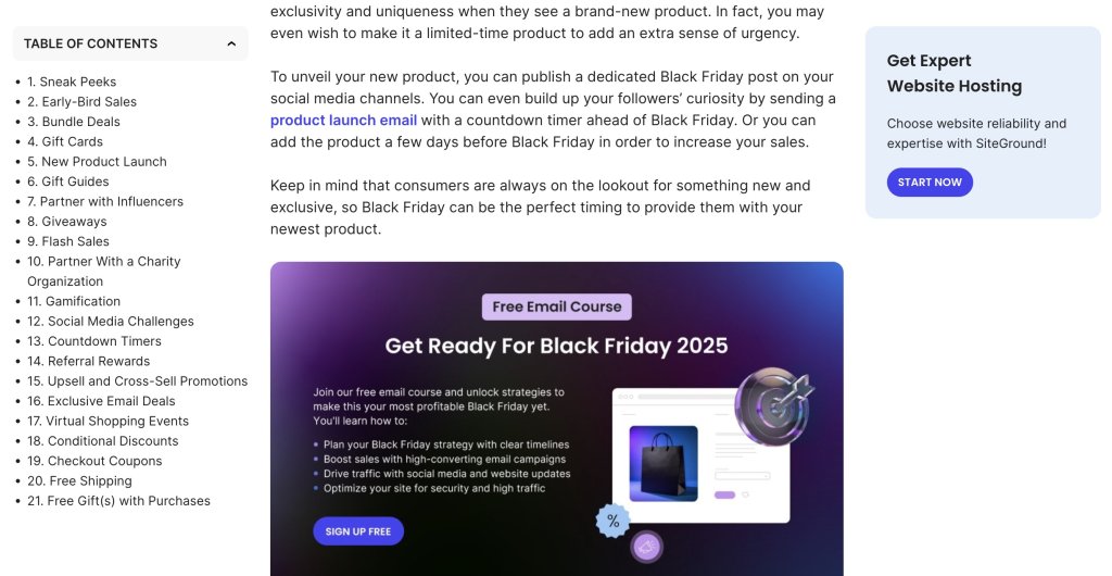 Table of contents listing Black Friday marketing strategies including sneak peeks, early-bird sales, and bundle deals, alongside promotional graphic for free Black Friday 2025 email course featuring target and shopping bag icons