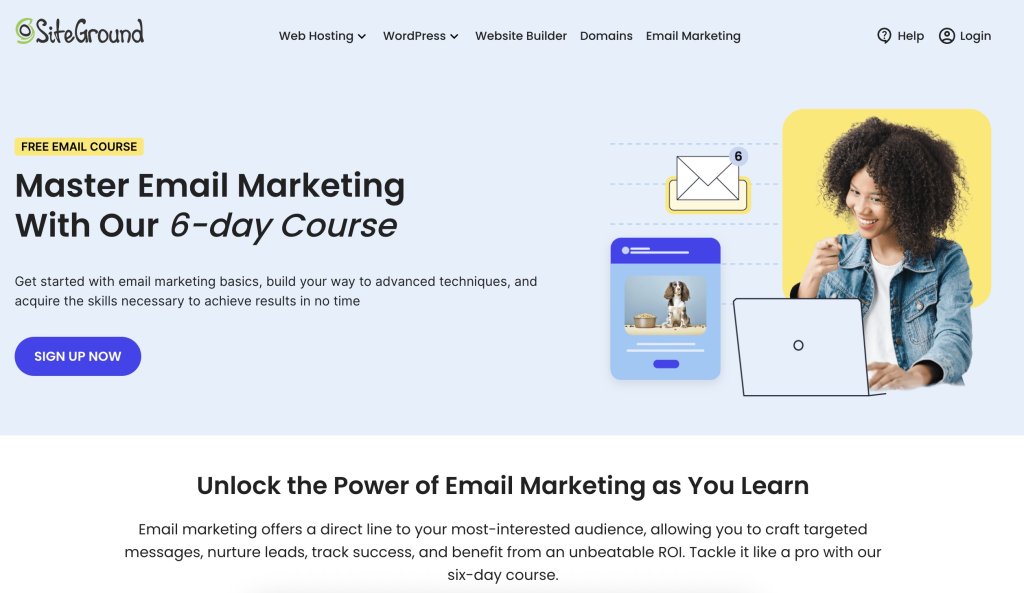SiteGround landing page header showing woman working on laptop with illustrated email elements, promoting free 6-day email marketing course with sign-up button