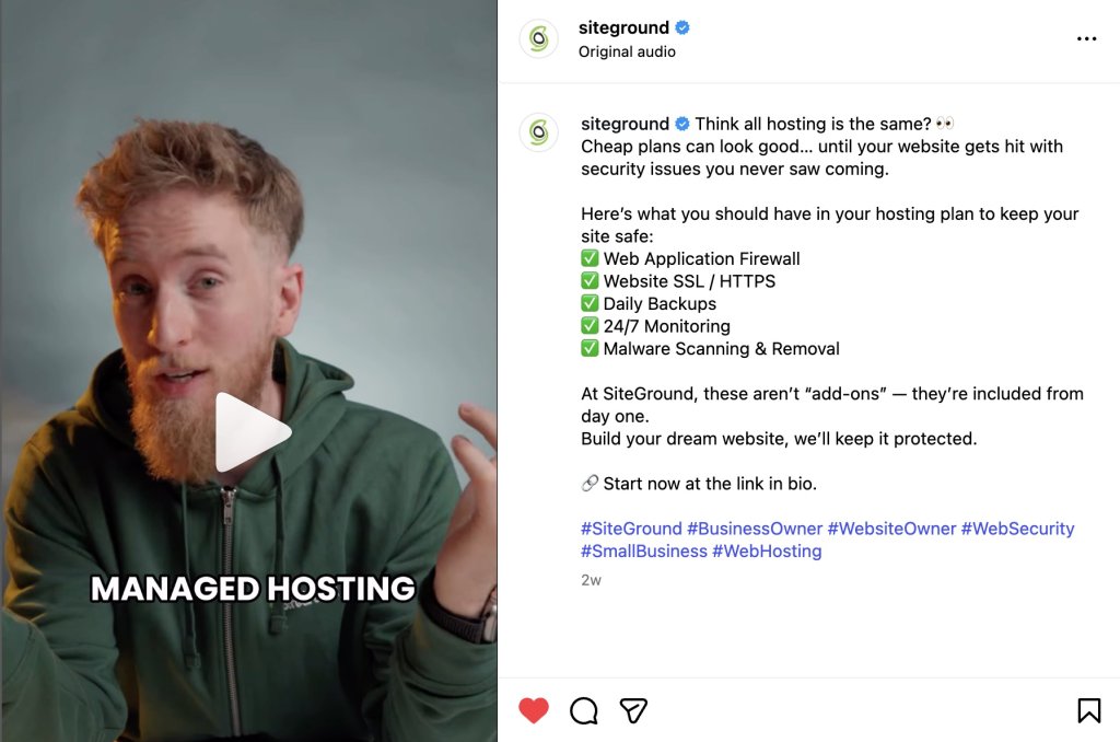 Instagram video post showing person in green hoodie explaining managed hosting, with caption listing security features including Web Application Firewall, SSL/HTTPS, daily backups, 24/7 monitoring, and malware scanning