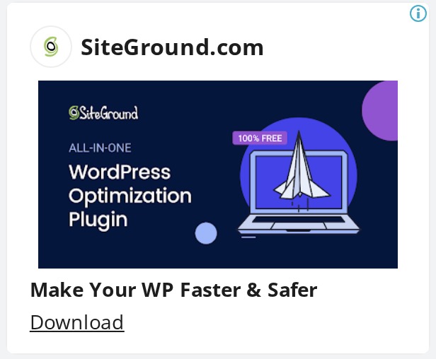 Promotional card for SiteGround's all-in-one WordPress optimization plugin featuring illustration of rocket launching from laptop screen, with headline "Make Your WP Faster & Safer" and download link