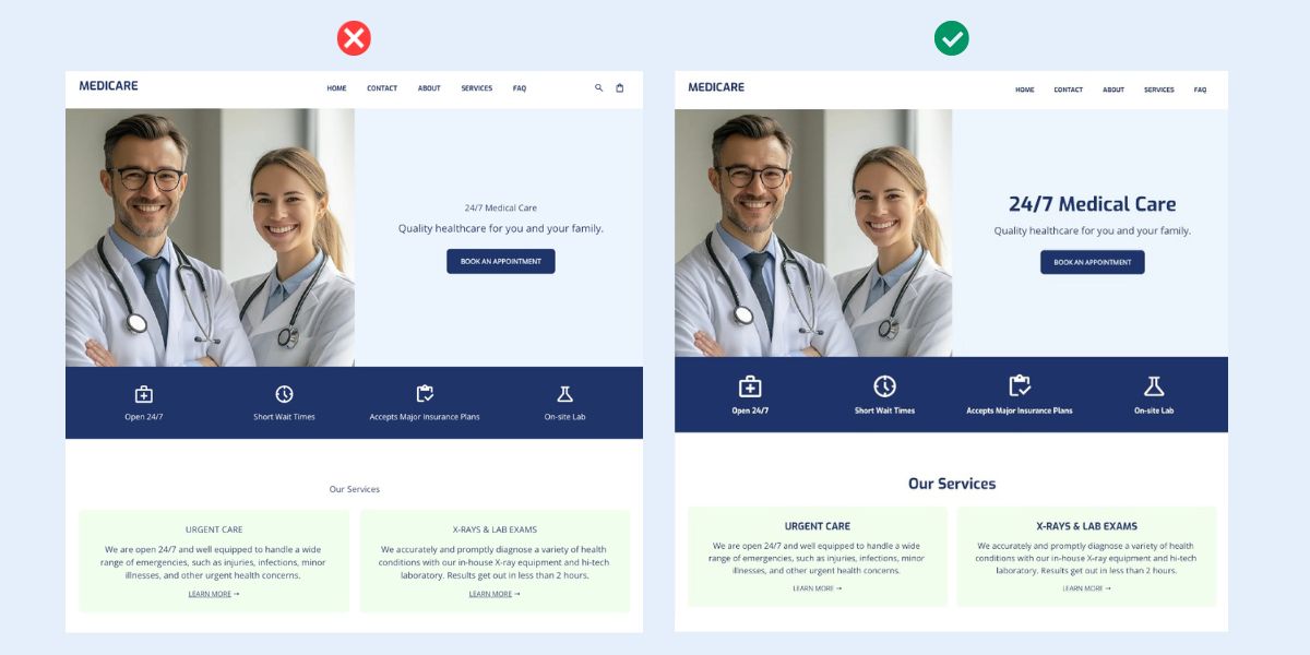 Size and scale visual hierarchy example comparing two websites