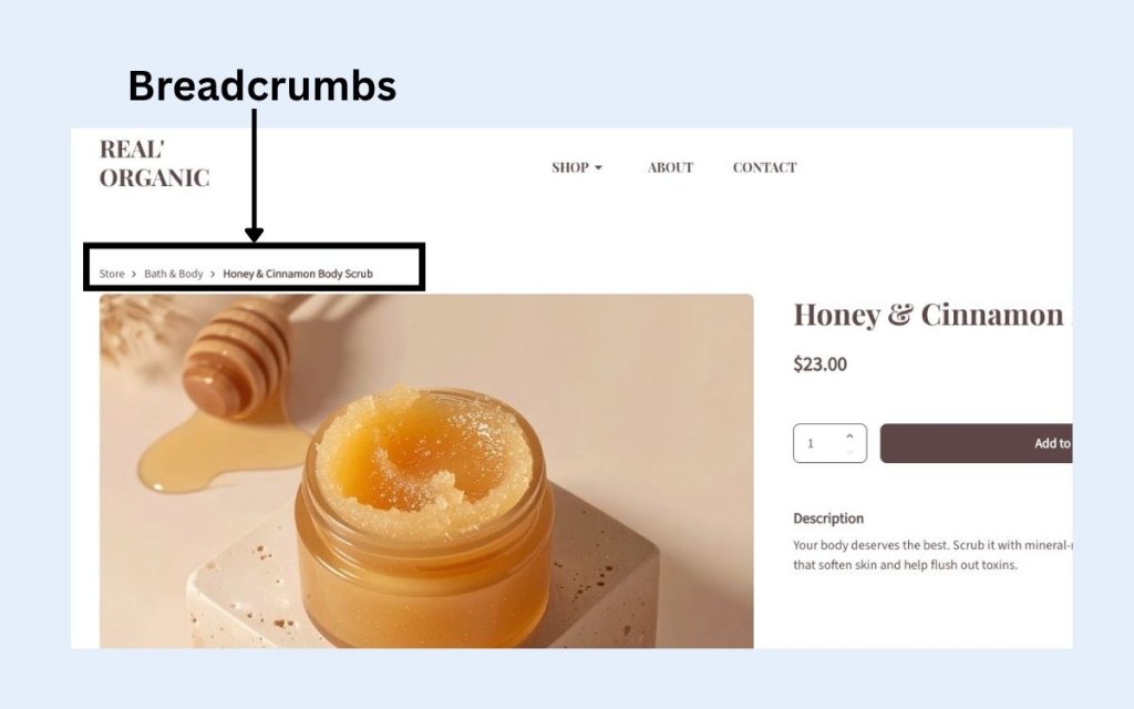 Visual example of breadcrumb navigation on a webpage