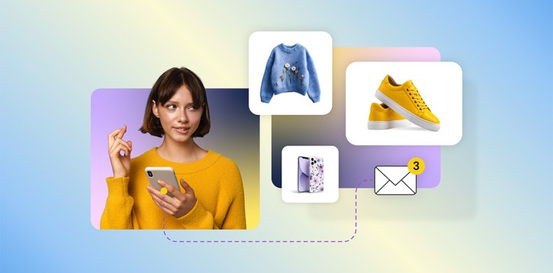 Direct marketing example showing woman browsing products on phone while receiving targeted email with personalized product recommendations including sweater, shoes, and phone case
