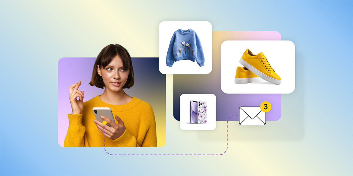 Direct marketing example showing woman browsing products on phone while receiving targeted email with personalized product recommendations including sweater, shoes, and phone case