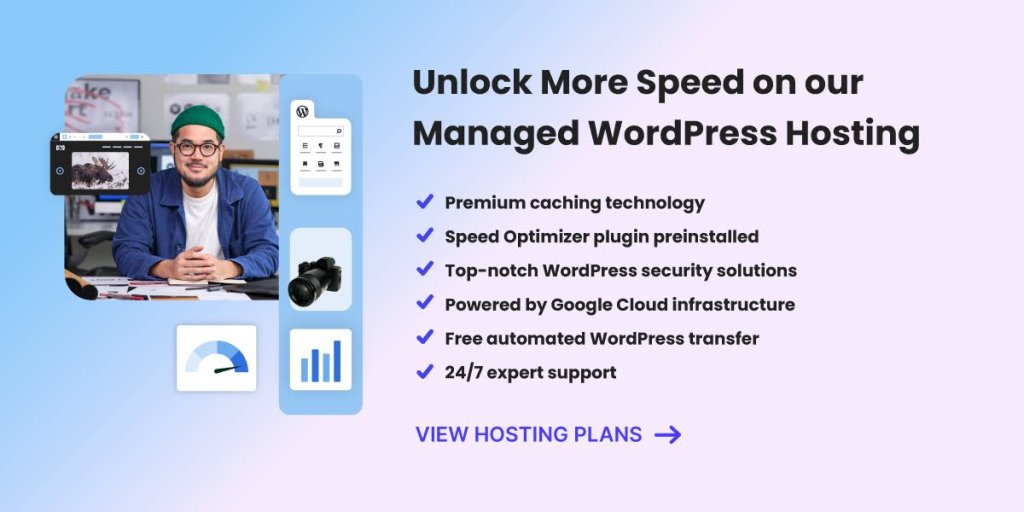 Man at desk with computer screens showing WordPress sites, alongside icons for mobile WordPress dashboard, camera, speedometer, and analytics chart, with list of managed WordPress hosting features including premium caching, Speed Optimizer plugin, security solutions, Google Cloud infrastructure, free site transfer, and 24/7 support