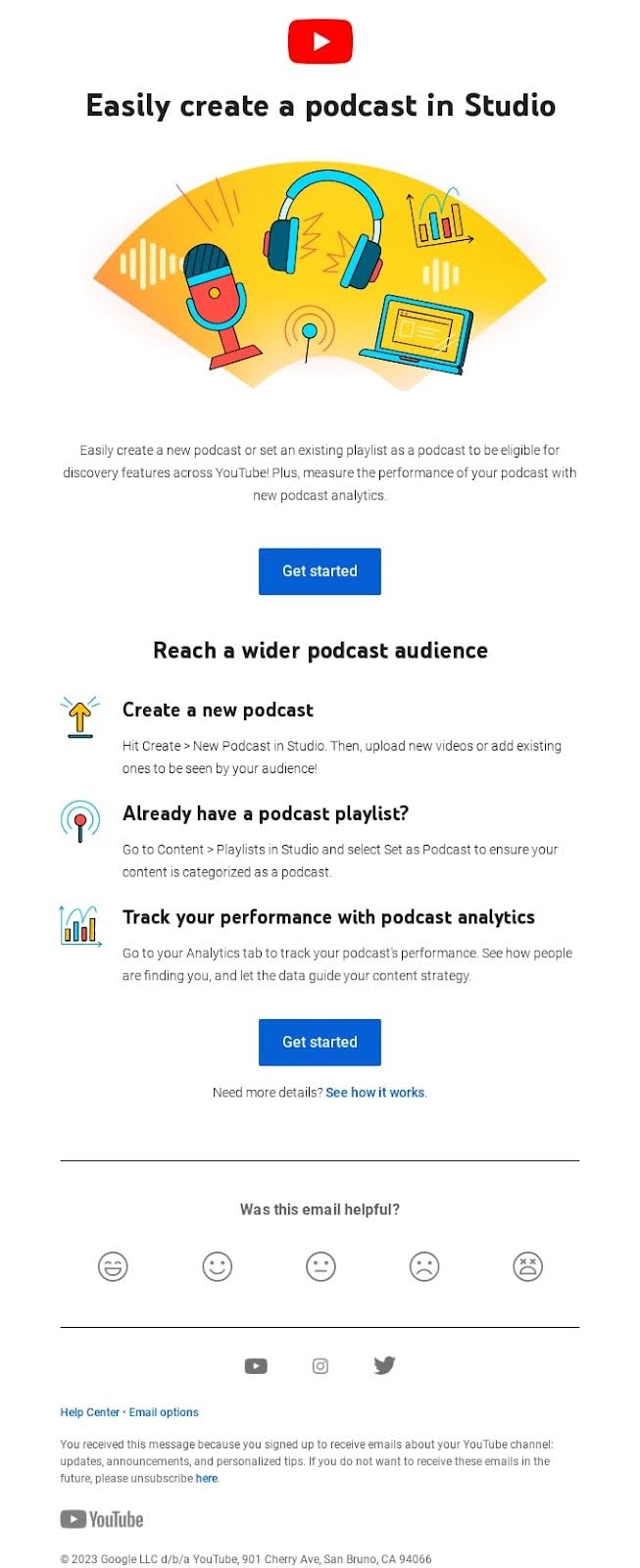 YouTube Studio email showing scannable layout with podcast creation heading, colorful illustration of microphone and headphones, blue CTA button, bullet points with icons, and clear visual hierarchy