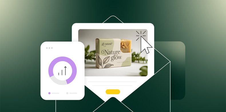 Illustration showing an email marketing interface with a Nature Glow skincare product image, analytics chart with upward trend arrow, and cursor icon, set against a dark green envelope background
