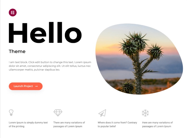 Example of Hello Elementor WordPress theme homepage header