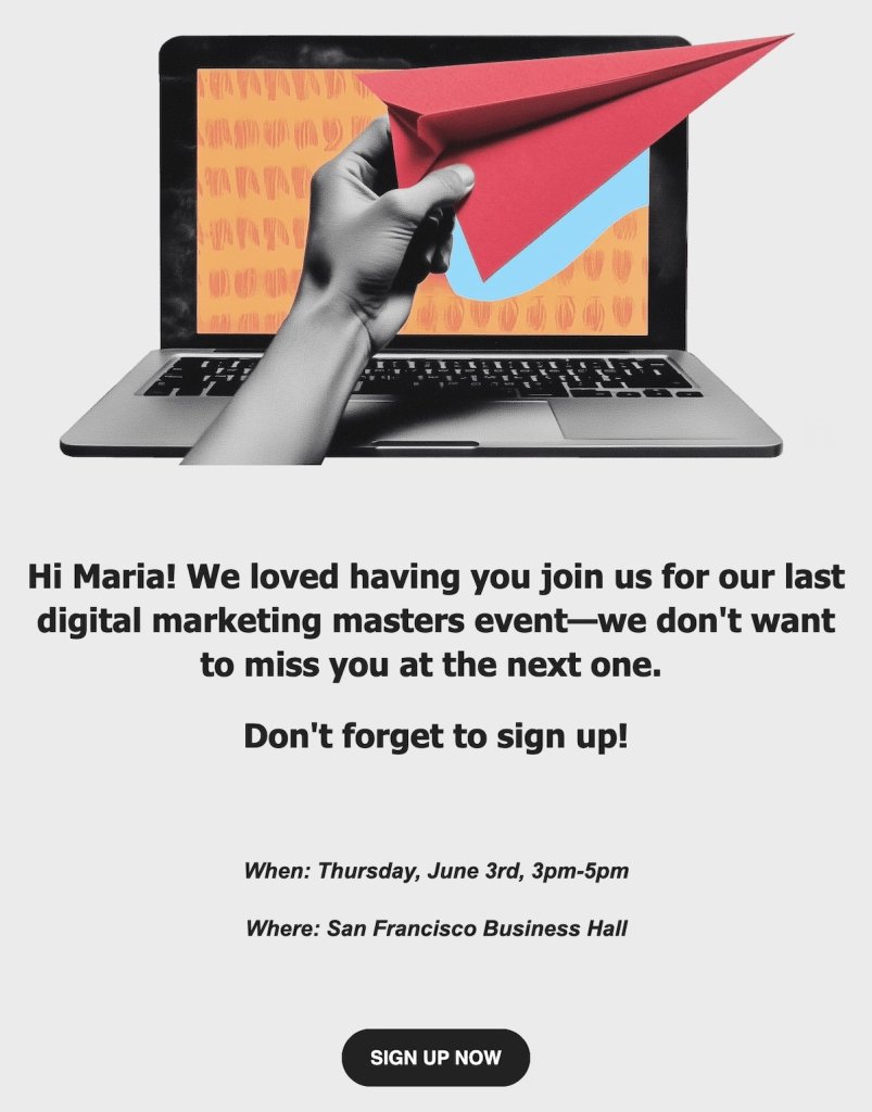 Email invitation showing laptop with hand holding red paper airplane emerging from screen, inviting Maria to register for digital marketing masters event on Thursday, June 3rd, 3pm-5pm at San Francisco Business Hall with sign-up button