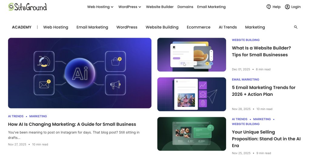SiteGround Academy homepage displaying article cards on AI marketing, email marketing trends for 2026, website builders for small businesses, and unique selling propositions in the AI era