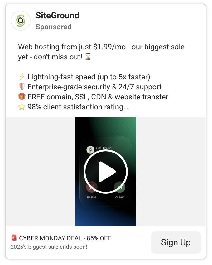 SiteGround sponsored ad promoting web hosting from $1.99/month featuring lightning-fast speed, enterprise-grade security, free domain and SSL, 98% client satisfaction rating, with video thumbnail and Cyber Monday 85% off deal banner