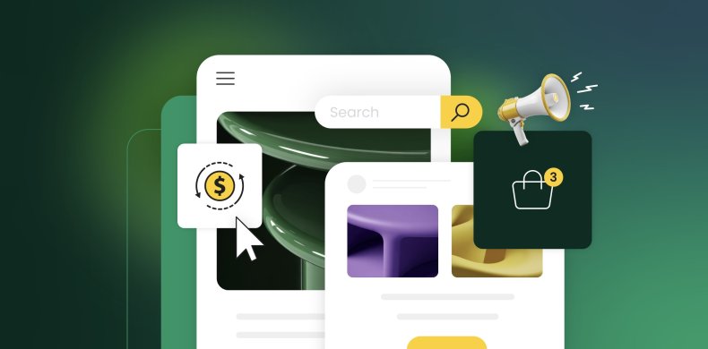 Stylized website interface with search bar, dollar sign conversion icon, megaphone representing advertising, and shopping cart with notification badge on gradient green background