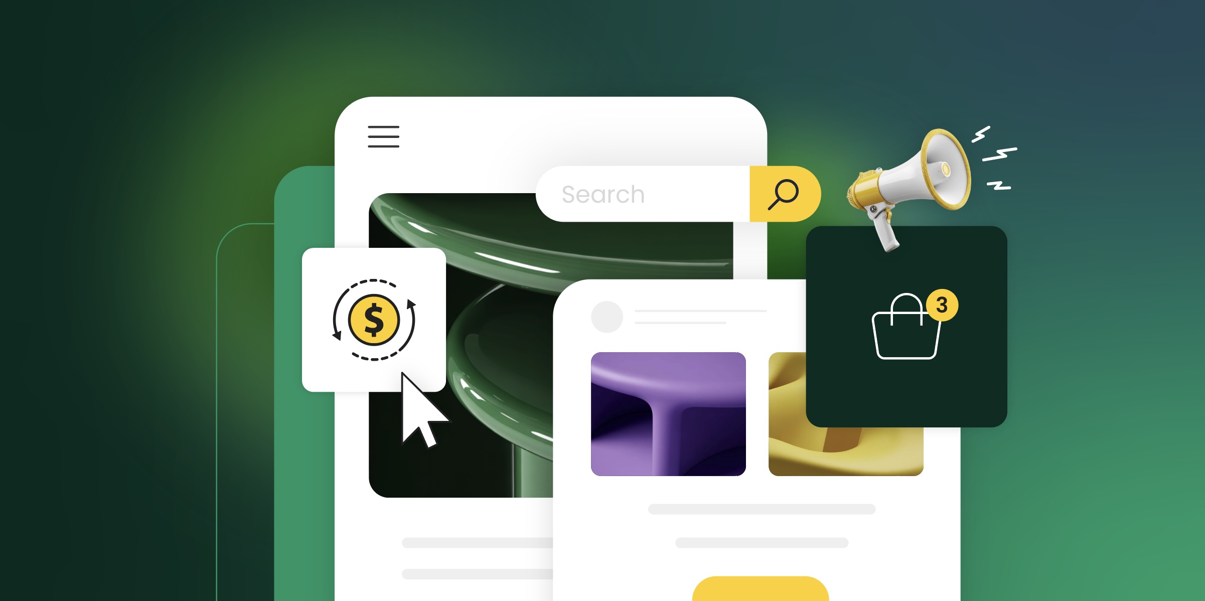 Stylized website interface with search bar, dollar sign conversion icon, megaphone representing advertising, and shopping cart with notification badge on gradient green background