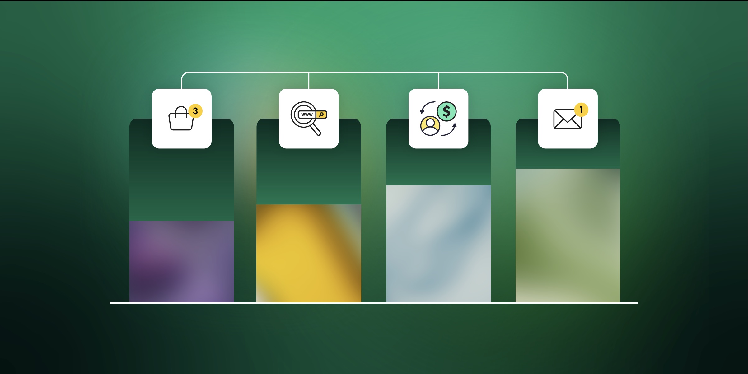 Illustration of a growth marketing funnel showing four customer journey stages represented by icons and descending colored bars: traffic acquisition (magnifying glass with website), product consideration (shopping cart with 3 items), conversion (person icon with dollar sign), and email engagement (envelope with notification), demonstrating how prospects move through the marketing funnel with decreasing volume at each stage